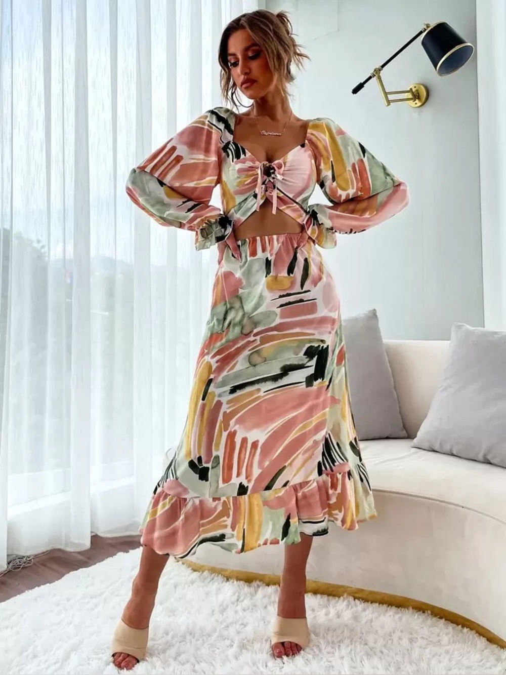 SHEIN Graphic Cut Out Knot A-Line Dress Pastel Size Medium M